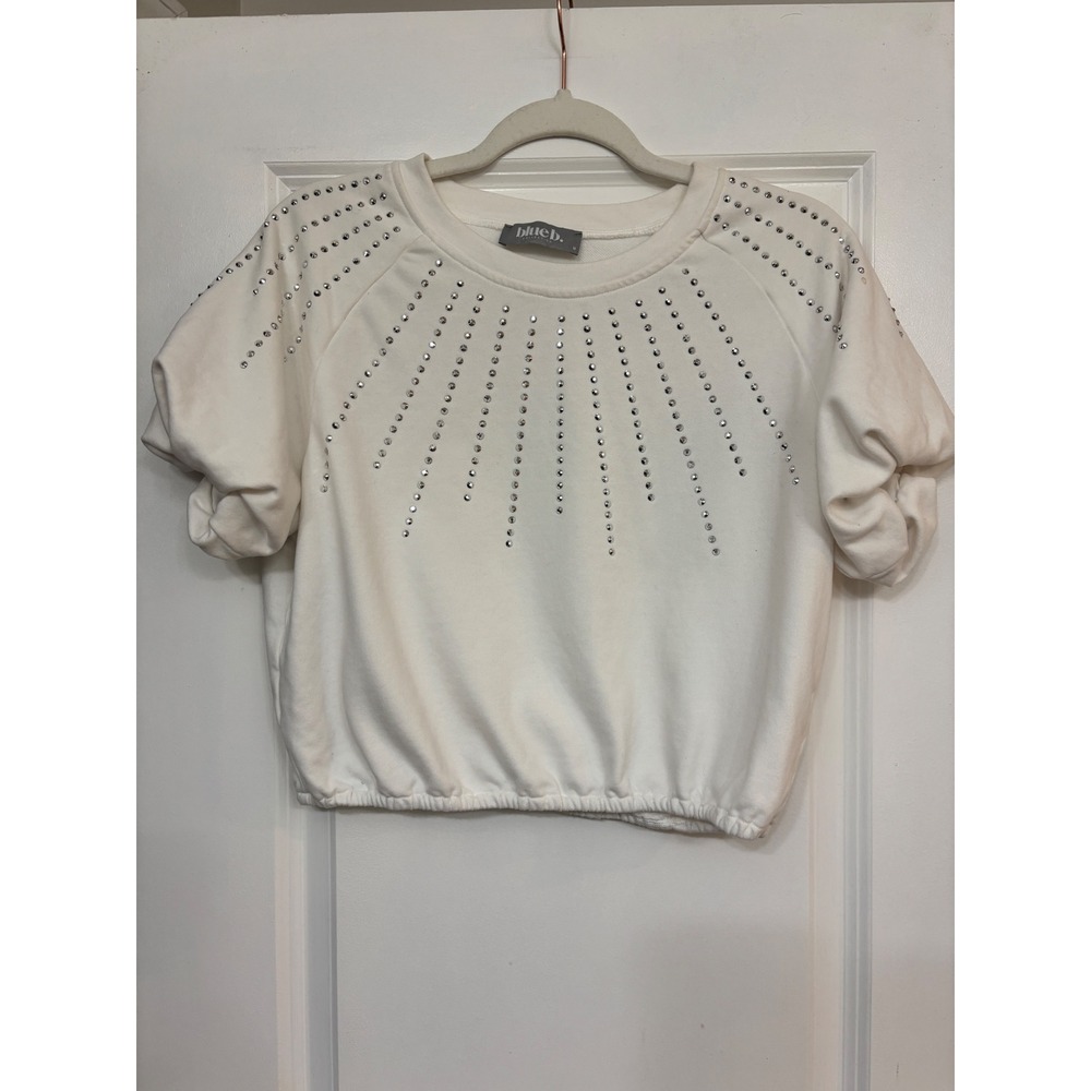 Boutique White Rhinestone Puff Sleeve Cropped Sweatshirt Medium Game day Soft